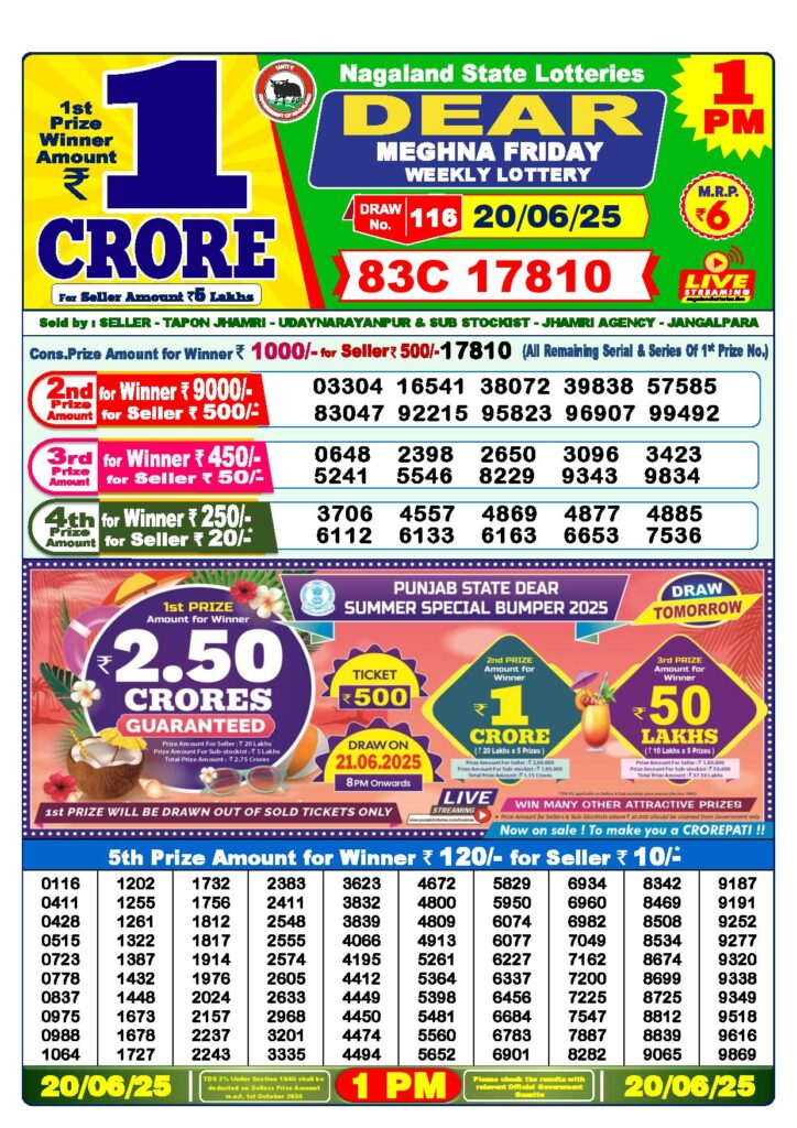 Dear Lottery 1 PM Result 20-6-2025