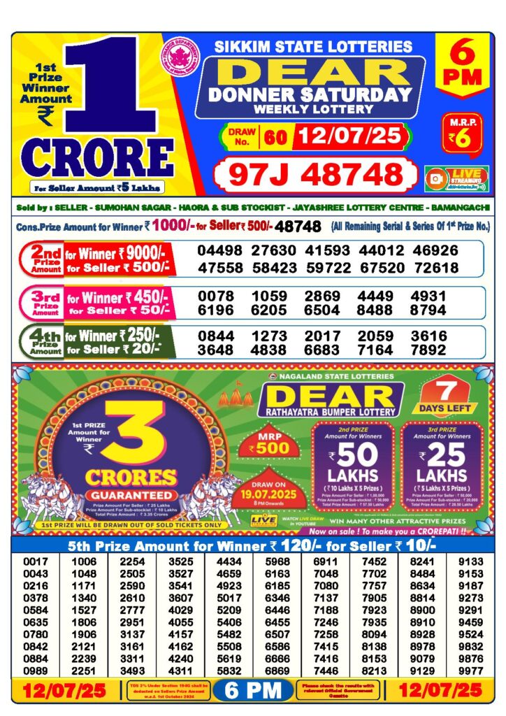 Dear Lottery 6 PM Result 12-7-2025