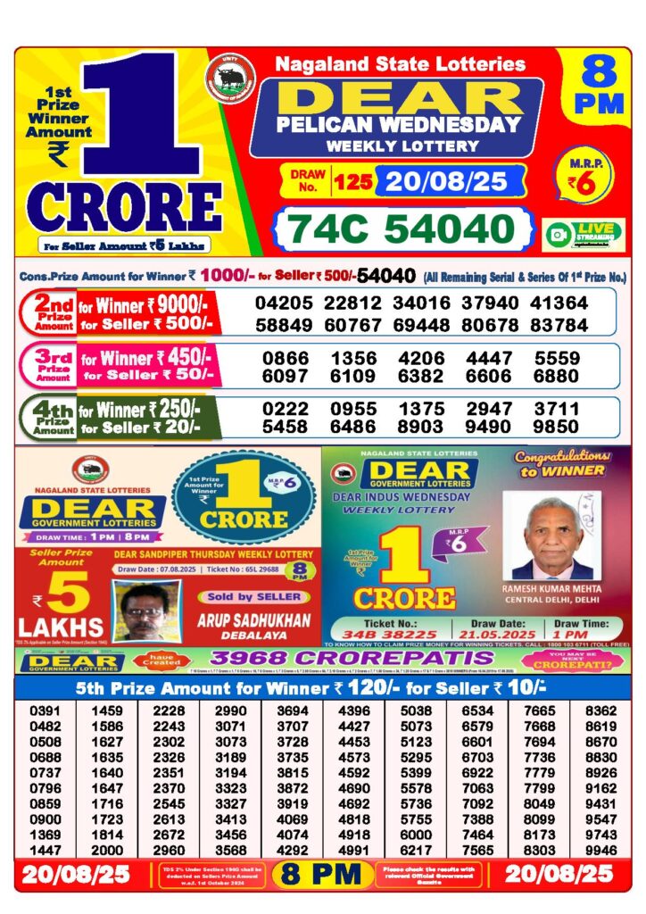 Dear Lottery Result Today 8 PM 20-8-2025